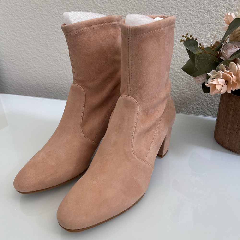 Stuart Weitzman Siggy 60 Suede Stretch Sock Bootie Boots Golden Beige Size 7 New